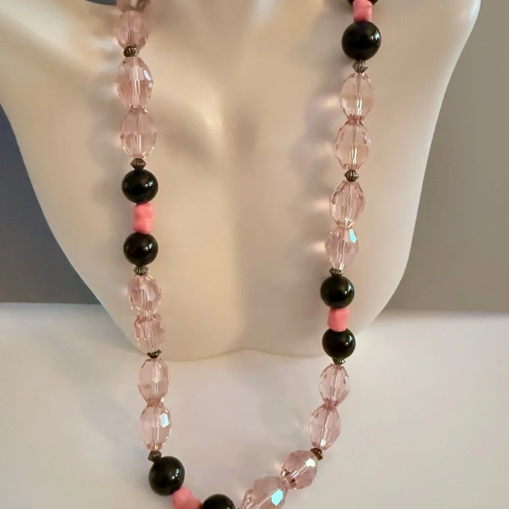 Estate Pink Crystal and Black Obsidian Toggle Necklace STUNNING